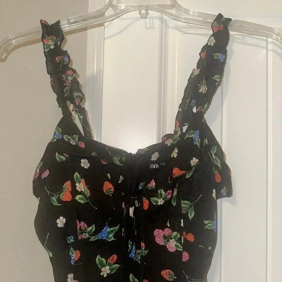 Zara Fruit Floral Black Silky Slip Mini Dress Strawberry Berries Size XS Spring - Picture 5 of 13
